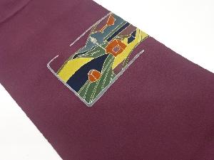 縮緬地金彩色紙に山々・家屋模様刺繍名古屋帯